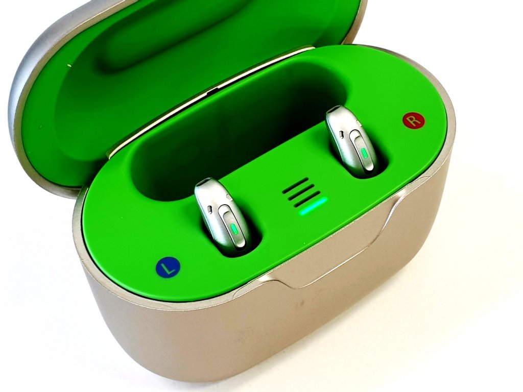 Rechargeable hearing aids in charging case
